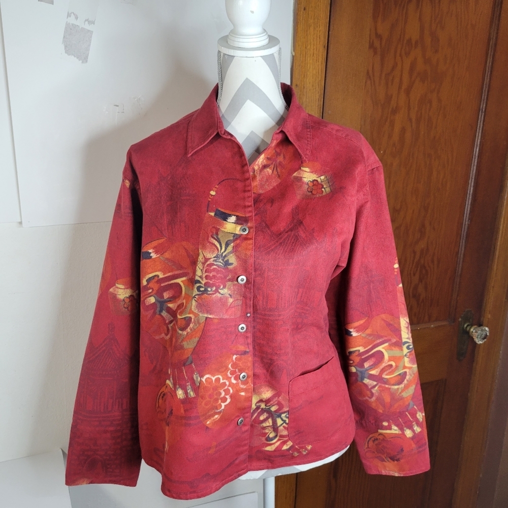 Womans Chico's Faux Sueded Jacket Red Asian design Size 2 Button Front